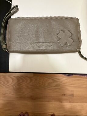 Lucky Brand Taupe Leather Zip-Around Wristlet with Clover Accent